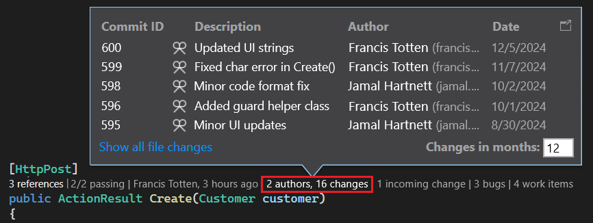 Capture d’écran montrant les données d’historique des modifications de votre code dans CodeLens pour Visual Studio.