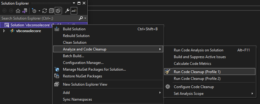 Capture d’écran de l’exécution du nettoyage du code dans l’ensemble du projet ou de la solution.