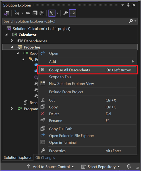 Capture d’écran de la commande Réduire tous les descendants du menu contextuel de l'Explorateur de solutions.