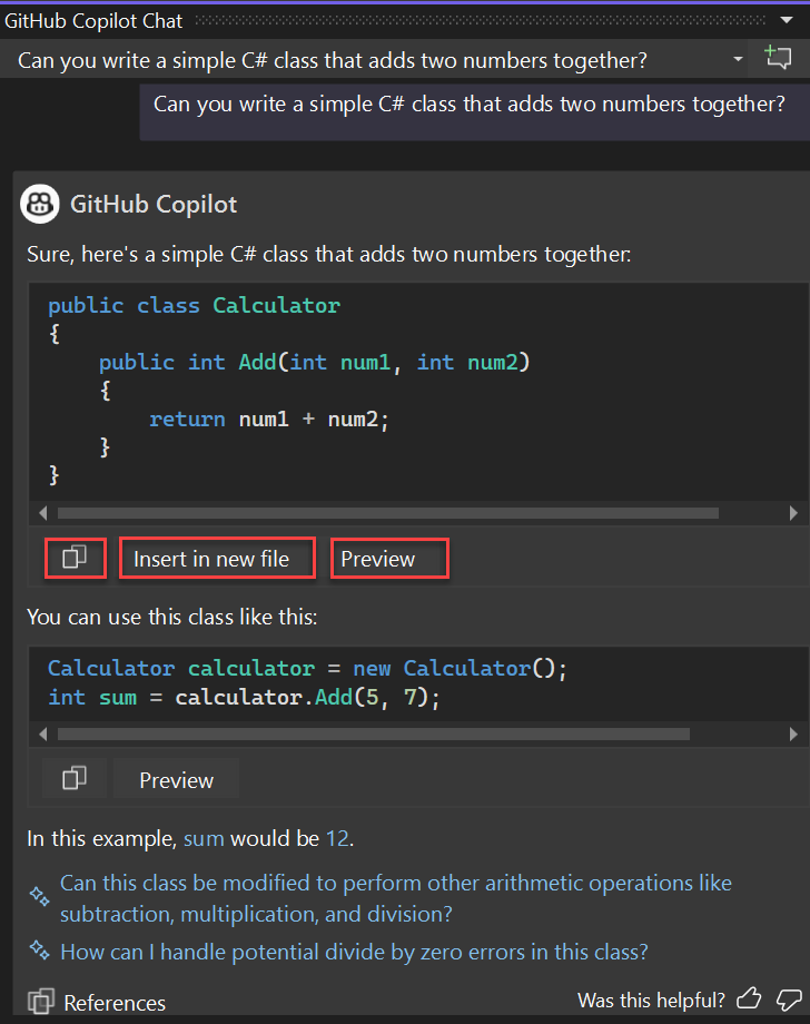 Capture d’écran des options permettant de copier le bloc de code, d’insérer du code dans un nouveau fichier ou d’afficher un aperçu du code pour les suggestions de code de Copilot Chat.