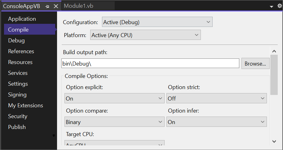 Capture d’écran du Concepteur de projet, avec l’onglet Compiler sélectionné.