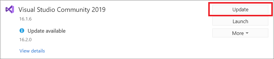 Capture d’écran montrant le bouton Mettre à jour dans le programme d’installation de Visual Studio qui peut être utilisé pour effectuer une mise à jour vers une installation de Visual Studio 2019.