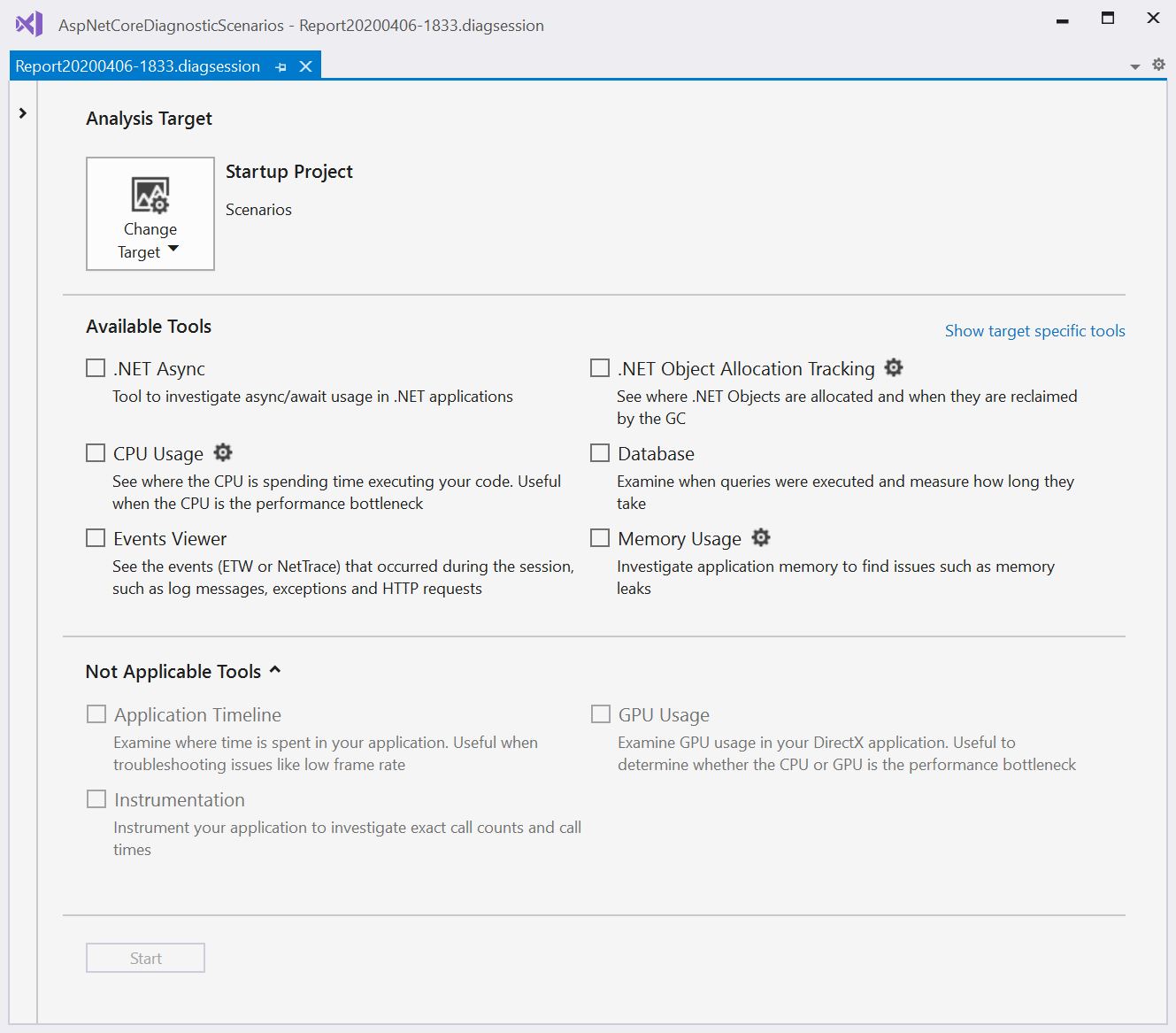 Capture d’écran des outils de diagnostic.