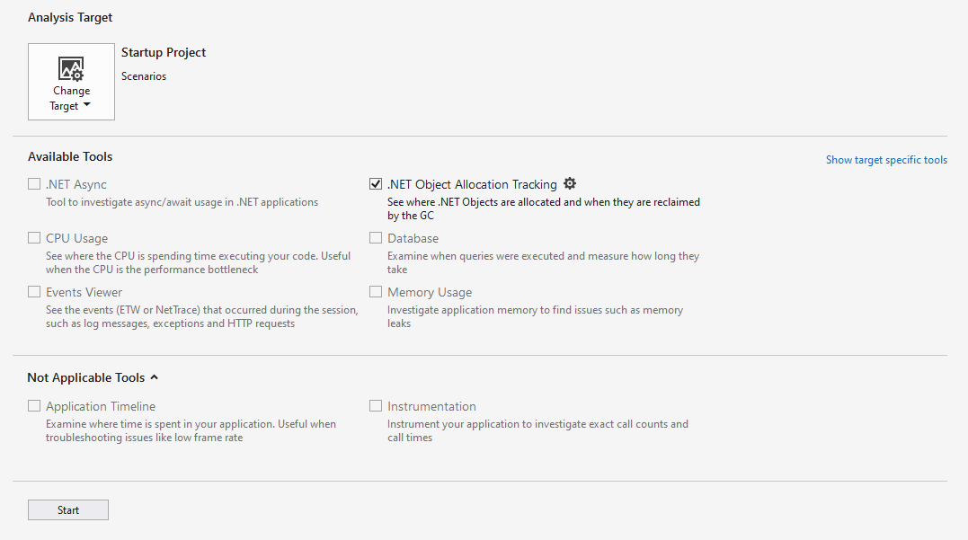 Capture d’écran de l’outil de suivi d’allocation d’objets Dotnet sélectionné.