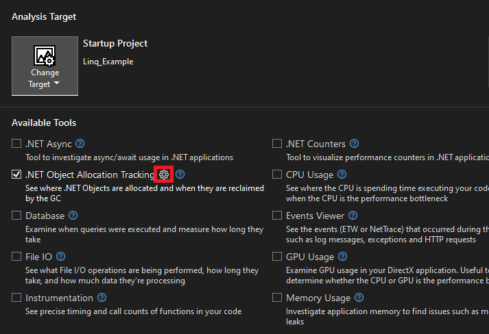 Capture d’écran des paramètres de l’outil d’allocation Dotnet.