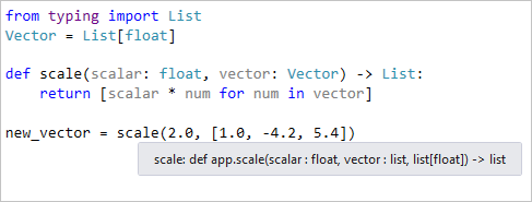 Capture d’écran montrant comment le survol d’un appel de fonction permet d’obtenir des indications sur le type de fonction.