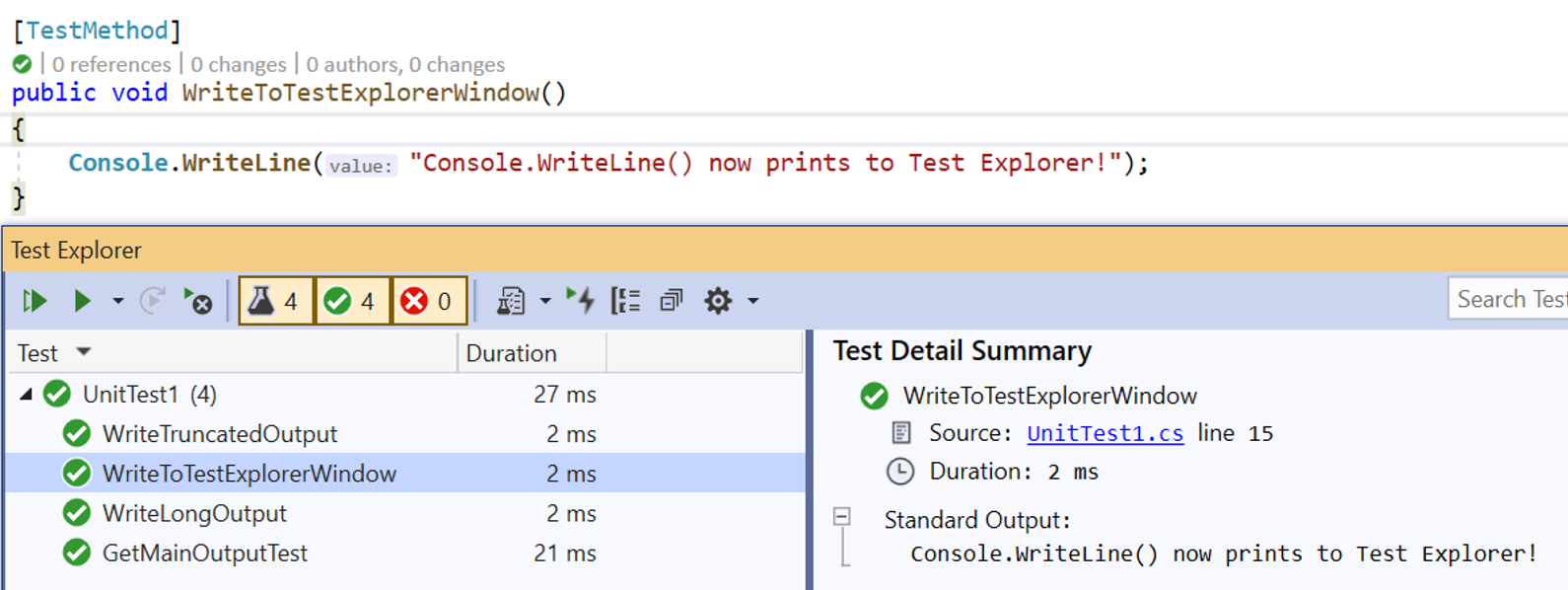 La sortie de test inclut Console.Writeline