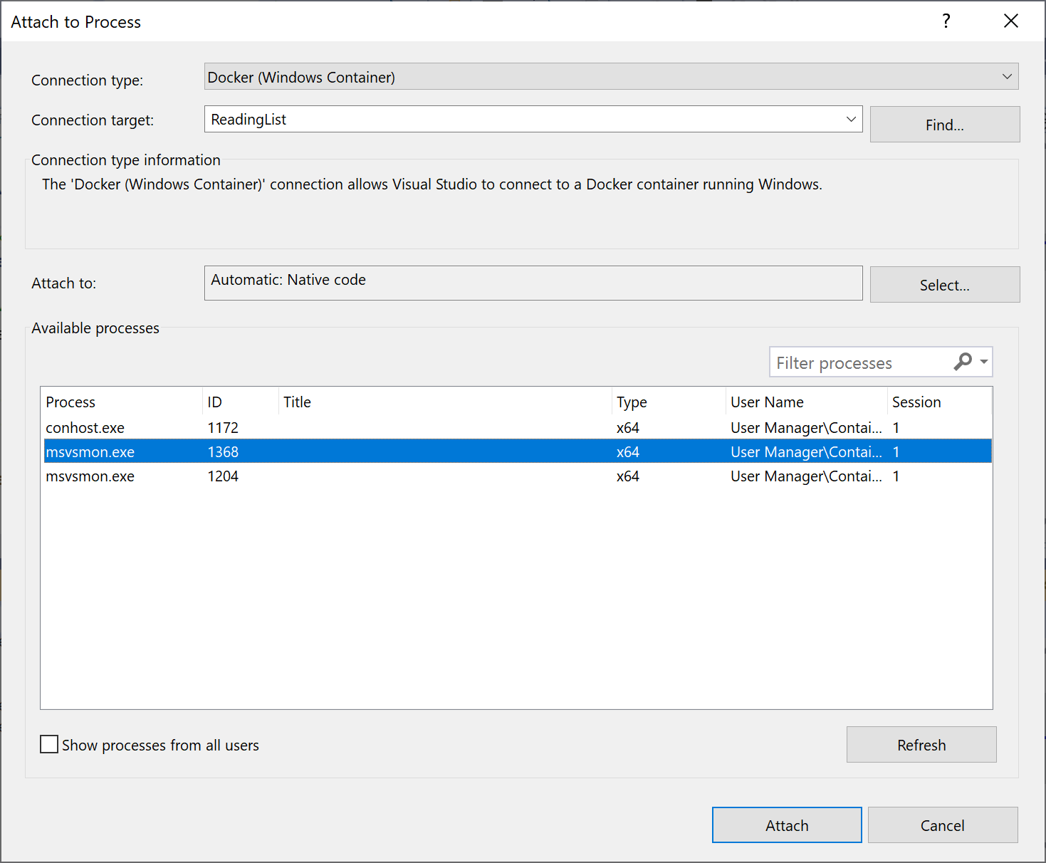 Attacher au processus dans le conteneur Windows Docker