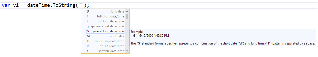 Saisie semi-automatique IntelliSense dans les littéraux de chaîne DateTime et TimeSpan