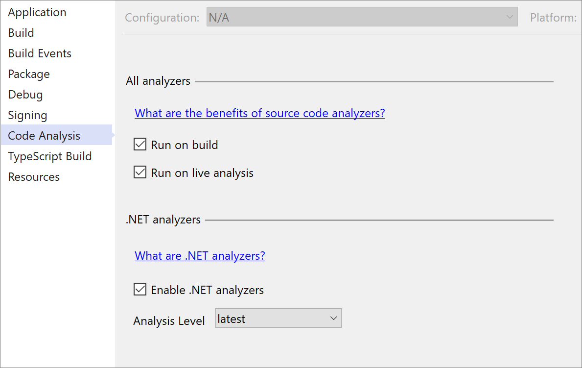 Fenêtre Propriétés du projet pour activer les analyseurs .NET