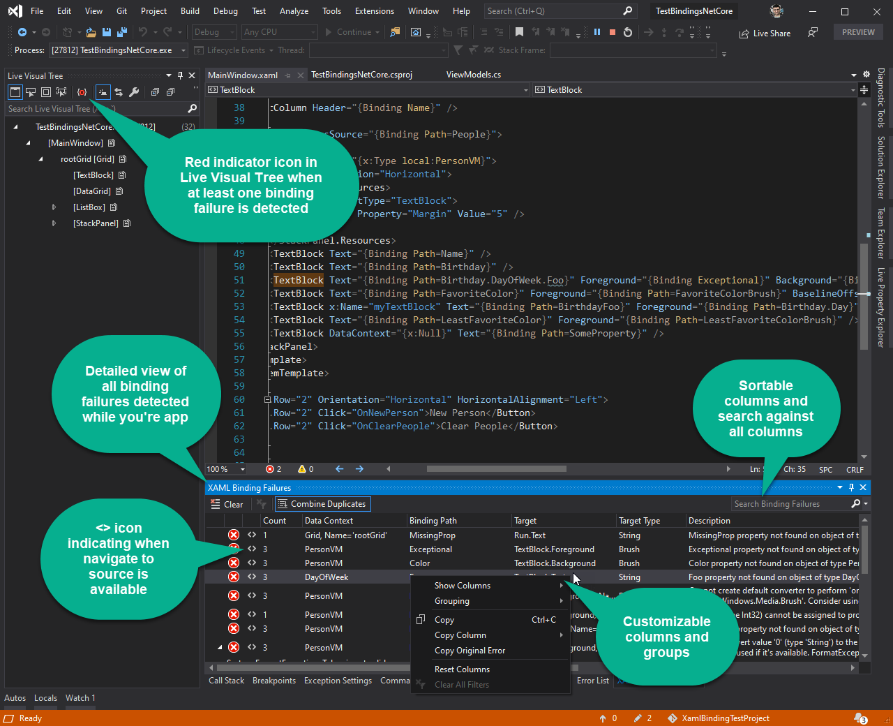 Fenêtre des défaillances de liaison XAML et icône LVT