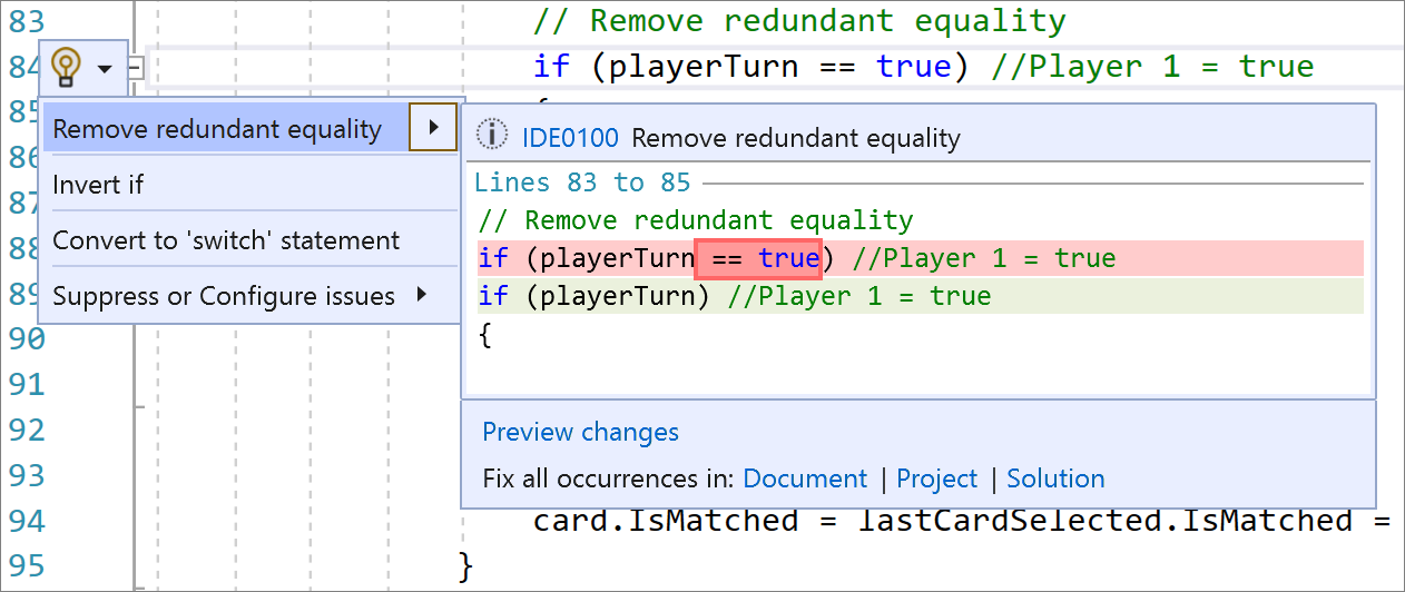 Supprimer le correctif du code des expressions d’égalité redondantes