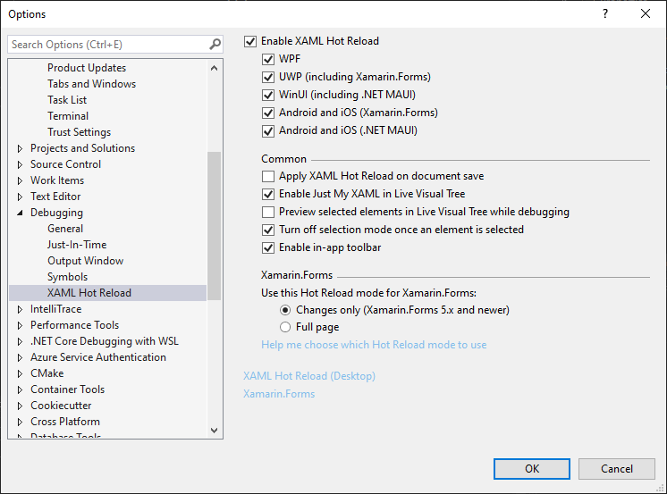 Panneau d’options des paramètres XAML mis à jour