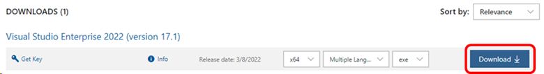 Capture d’écran du volet Détails du téléchargement pour Visual Studio Enterprise.