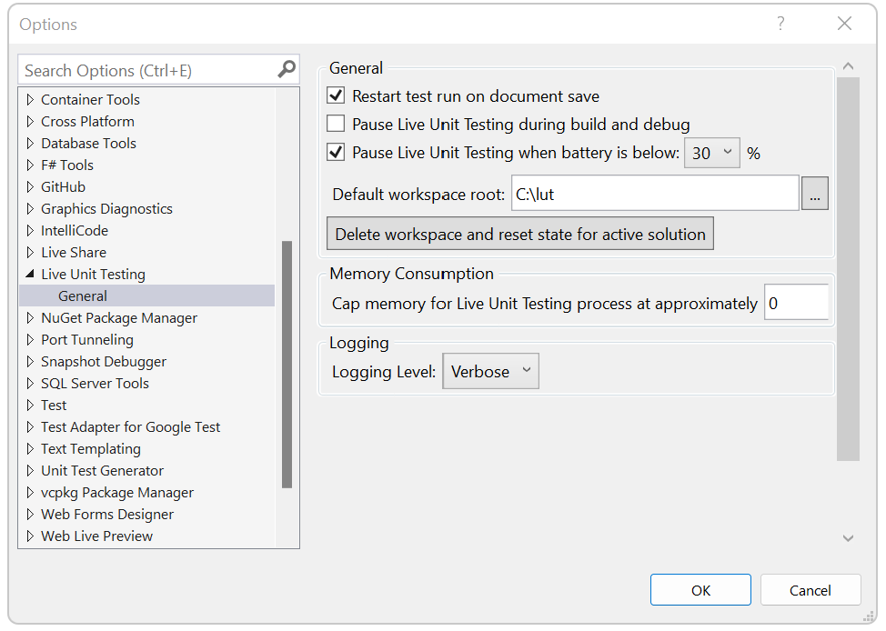 Capture d’écran montrant les options de configuration de Live Unit Testing.