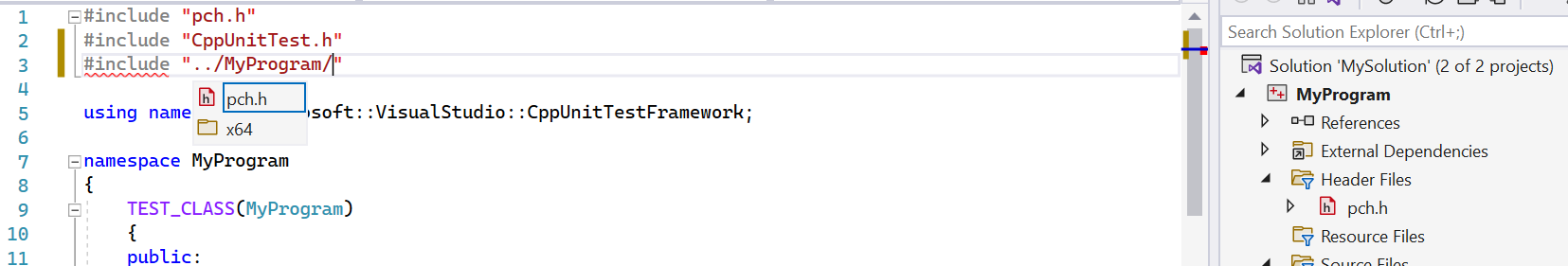 Capture d’écran de l’Explorateur de solutions montrant une directive #include ajoutée avec IntelliSense mettant en évidence un fichier d’en-tête à inclure.