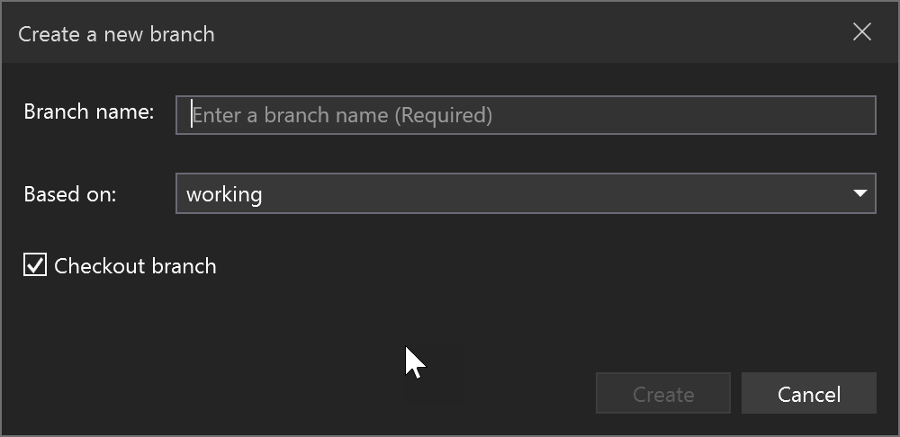 Capture d’écran de la boîte de dialogue Créer une branche.