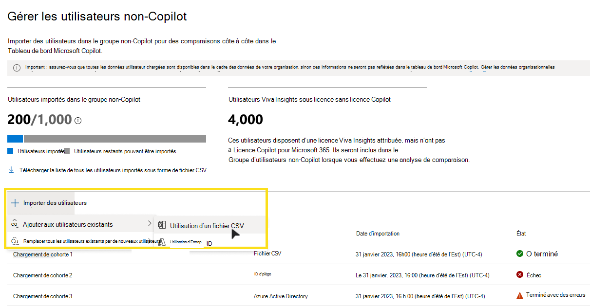 Capture d’écran montrant comment importer de nouveaux utilisateurs Copilot.