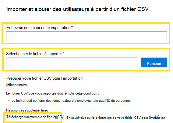 Capture d’écran montrant comment importer de nouveaux utilisateurs à partir d’un fichier csv.