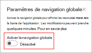 Capture d’écran de l’emplacement où activer l’option de navigation globale dans le panneau paramètres.