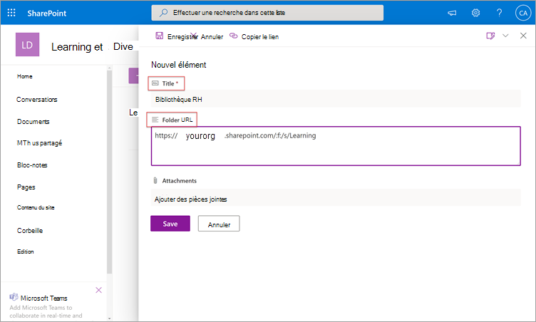 Panneau Nouvel élément dans SharePoint affichant les champs Titre et URL du dossier.