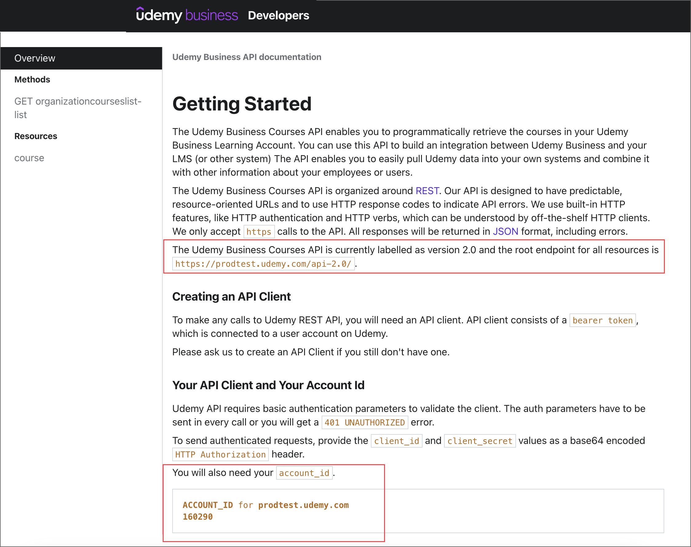 Image de la page de vue d’ensemble affichant l’URL du point de terminaison et l’ID client.