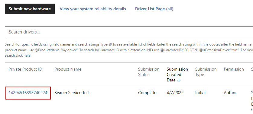 Capture d'écran montrant une soumission de pilote matériel sélectionnée