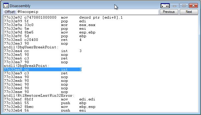 Capture d’écran de la fenêtre Disassembly dans WinDbg.