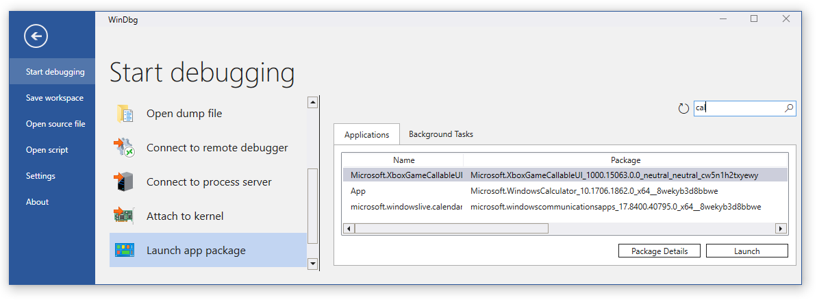 Capture d’écran de l’onglet Lancer des applications de package d’application dans WinDbg avec « cal » dans la zone de recherche et trois applications répertoriées.