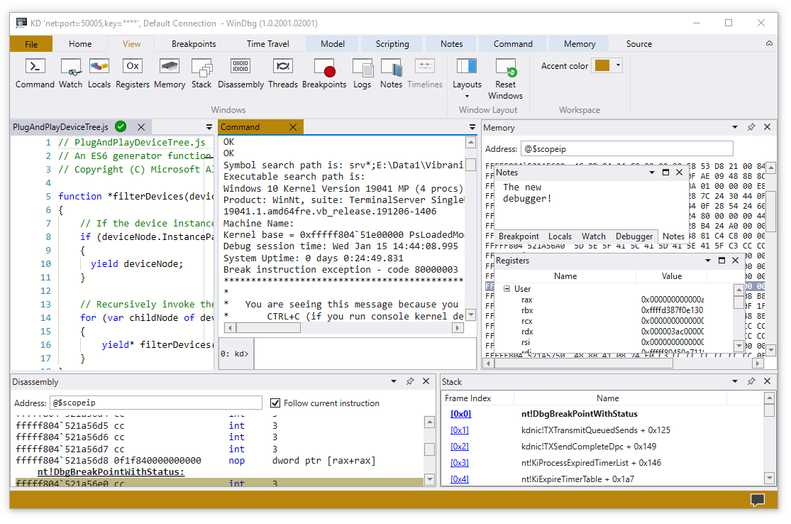 Capture d’écran de l’écran main dans le débogueur WinDbg.