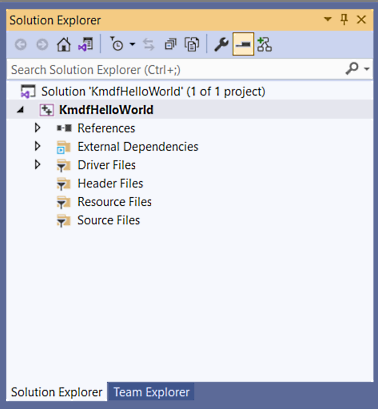 Capture d’écran de la fenêtre explorateur de solutions Visual Studio affichant la solution et le projet de pilote vide nommé KmdfHelloWorld.