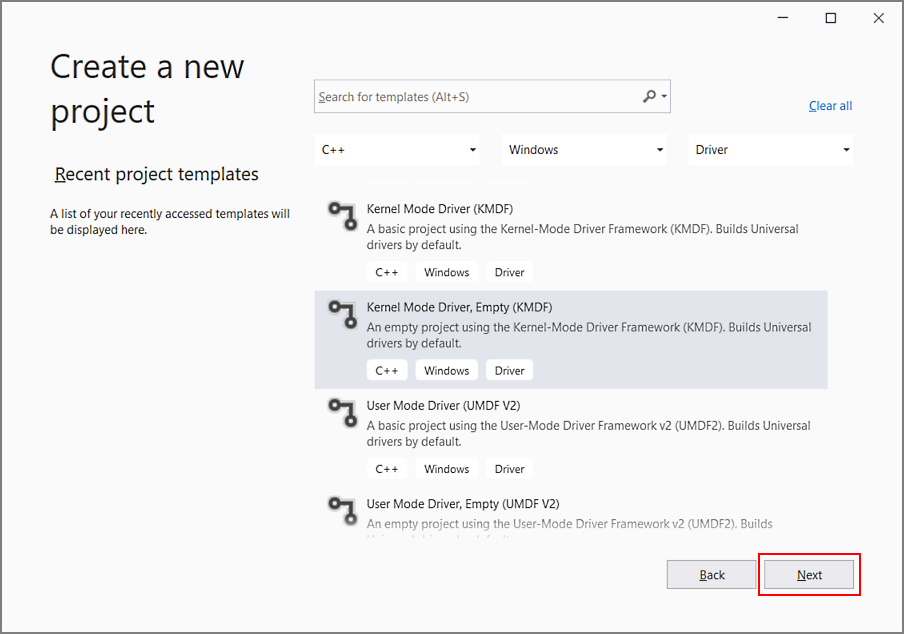 Capture d’écran de la boîte de dialogue Nouveau projet Visual Studio avec l’option de pilote en mode noyau sélectionnée.