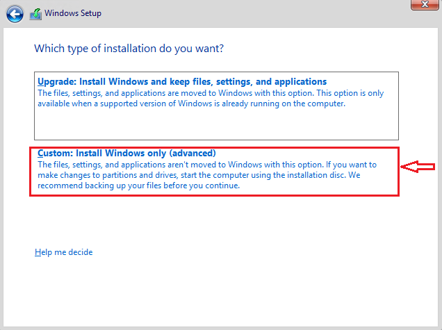 Capture d’écran de l’Assistant Installation Windows Server 2016 montrant l’option d’installation personnalisée sélectionnée