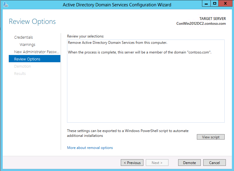 Capture d’écran de la page finale Examiner les options de l’Assistant Configuration des services de domaine Active Directory.