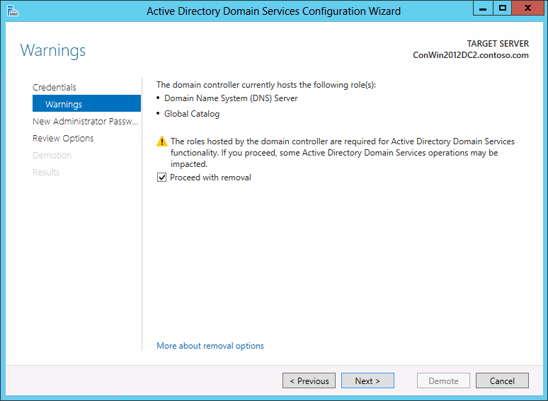 Capture d’écran de la page Avertissements de l’Assistant Configuration des services de domaine Active Directory.