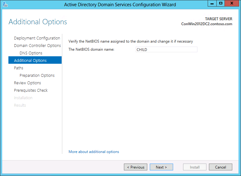 Capture d’écran de la page Options supplémentaires de l’Assistant Configuration des services de domaine Active Directory, montrant les options qui apparaissent si vous créez un domaine.