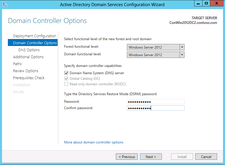 Capture d’écran de la page Options du contrôleur de domaine de l’Assistant Configuration des services de domaine Active Directory, montrant les options qui apparaissent quand vous créez une forêt.