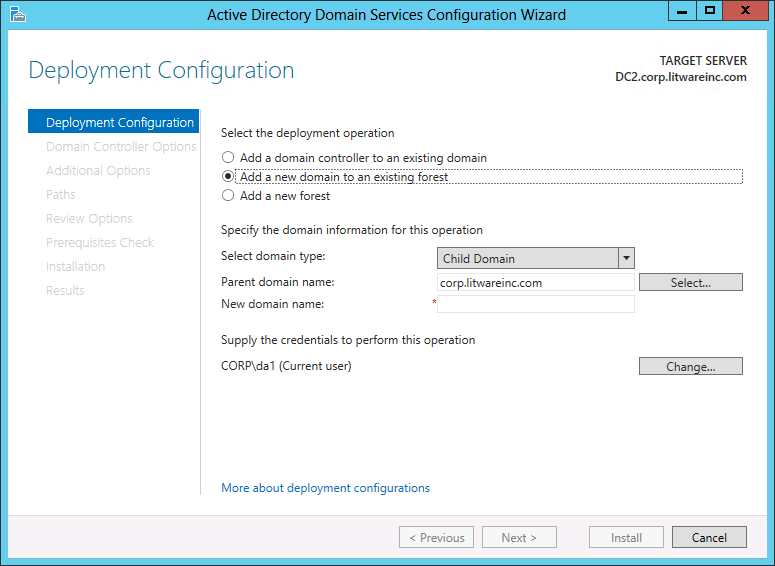 Capture d’écran de la page Configuration de déploiement de l’Assistant Configuration des services de domaine Active Directory, montrant les options qui apparaissent quand vous créez un domaine.