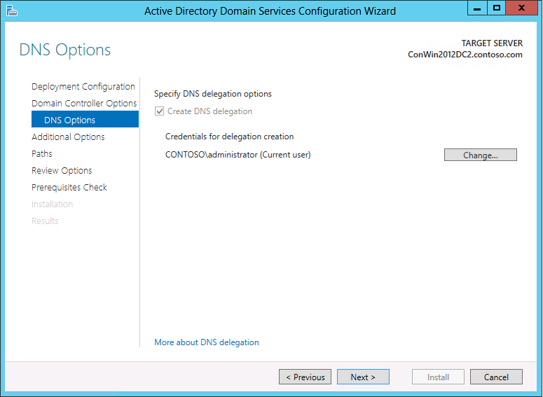 Capture d’écran de la page Options DNS de l’Assistant Configuration des services de domaine Active Directory.