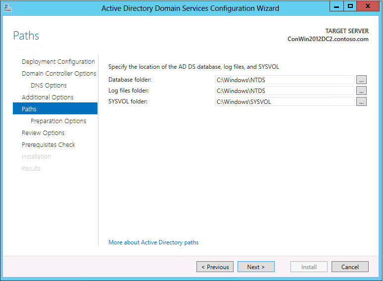 Capture d’écran de la page Chemins d’accès de l’Assistant Configuration des services de domaine Active Directory.