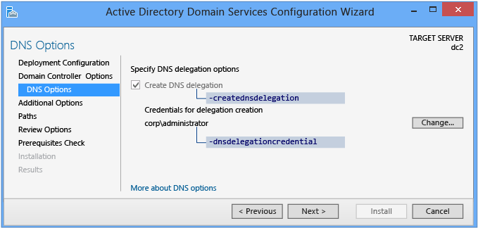 Capture d’écran montrant la page Options DNS de l’Assistant Configuration des services de domaine Active Directory.