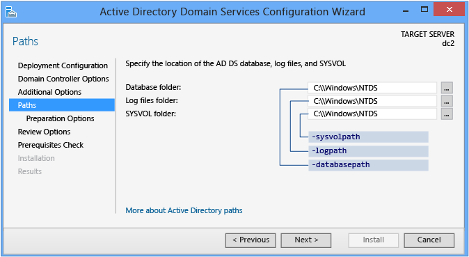 Capture d’écran montrant la page Chemins dans l’Assistant Configuration des services de domaine Active Directory.