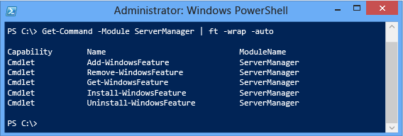 Capture d’écran d’une fenêtre de terminal montrant où trouver l’applet de commande Install-WindowsFeature.