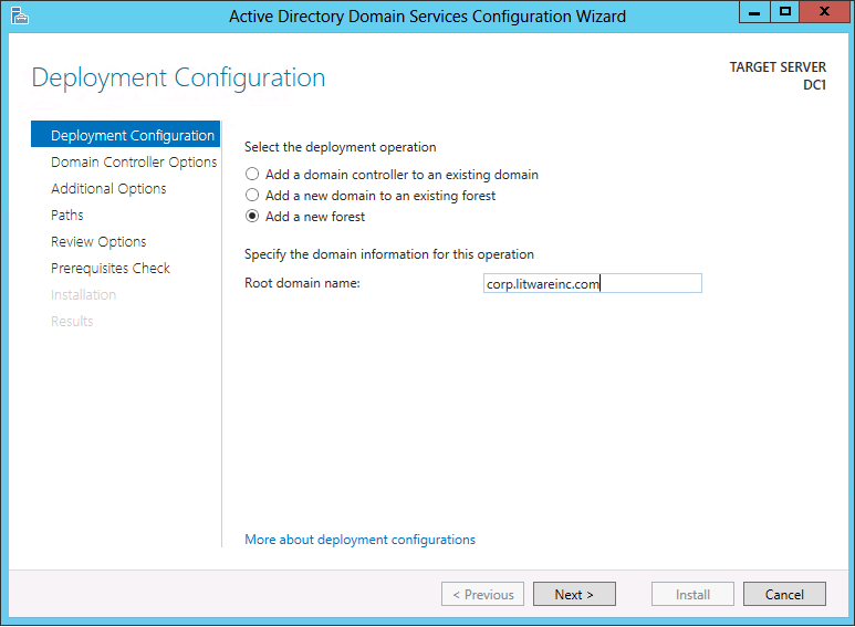 Capture d’écran montrant la page Configuration du déploiement dans l’Assistant Configuration des services de domaine Active Directory.