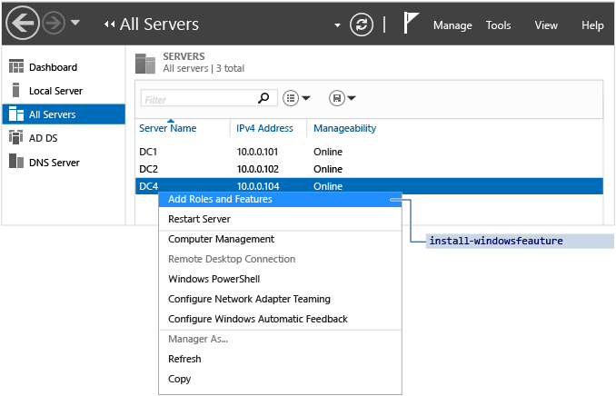 Capture d’écran montrant comment vous pouvez installer des rôles à distance sur n’importe quel ordinateur Windows Server 2012 ajouté au pool.