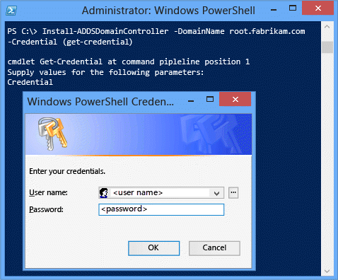 Capture d’écran d’une fenêtre de terminal montrant la phase d’installation avec les arguments minimum requis -domainname et -credential.