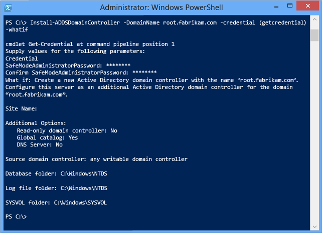 Capture d’écran d’une fenêtre de terminal montrant l’utilisation de l’argument Whatif facultatif avec l’applet de commande Install-ADDSDomainController.