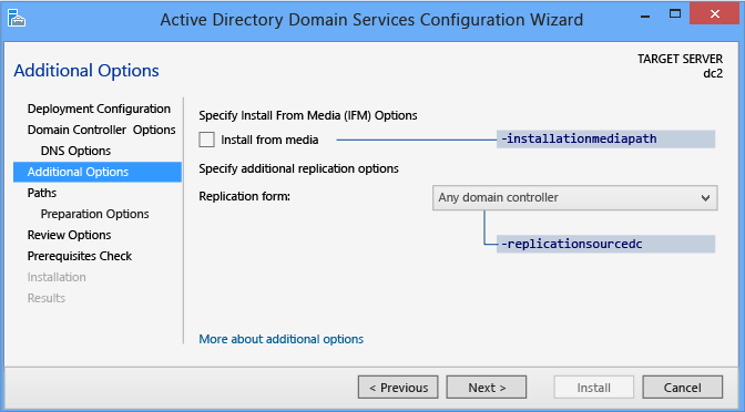 Capture d’écran montrant où vous pouvez trouver l’option de configuration permettant de nommer un contrôleur de domaine comme source de réplication.