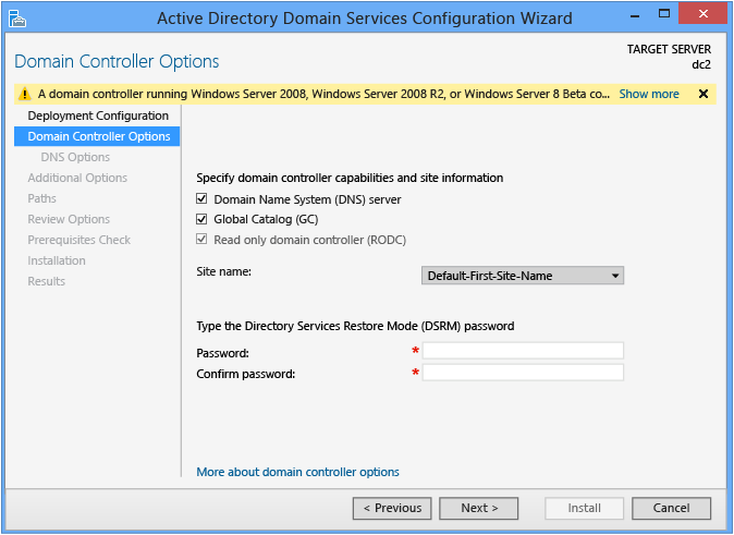 Capture d’écran mettant en évidence un avertissement indiquant que vous ne pouvez pas créer de contrôleurs de domaine en lecture seule si vos contrôleurs de domaine existants exécutent Windows Server 2003.