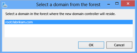 Capture d’écran montrant où sélectionner un domaine dans la forêt où résidera le nouveau contrôleur de domaine.